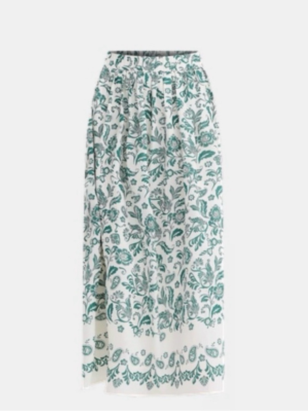LOFT White Midi Skirt with Green Paisley Floral Print
